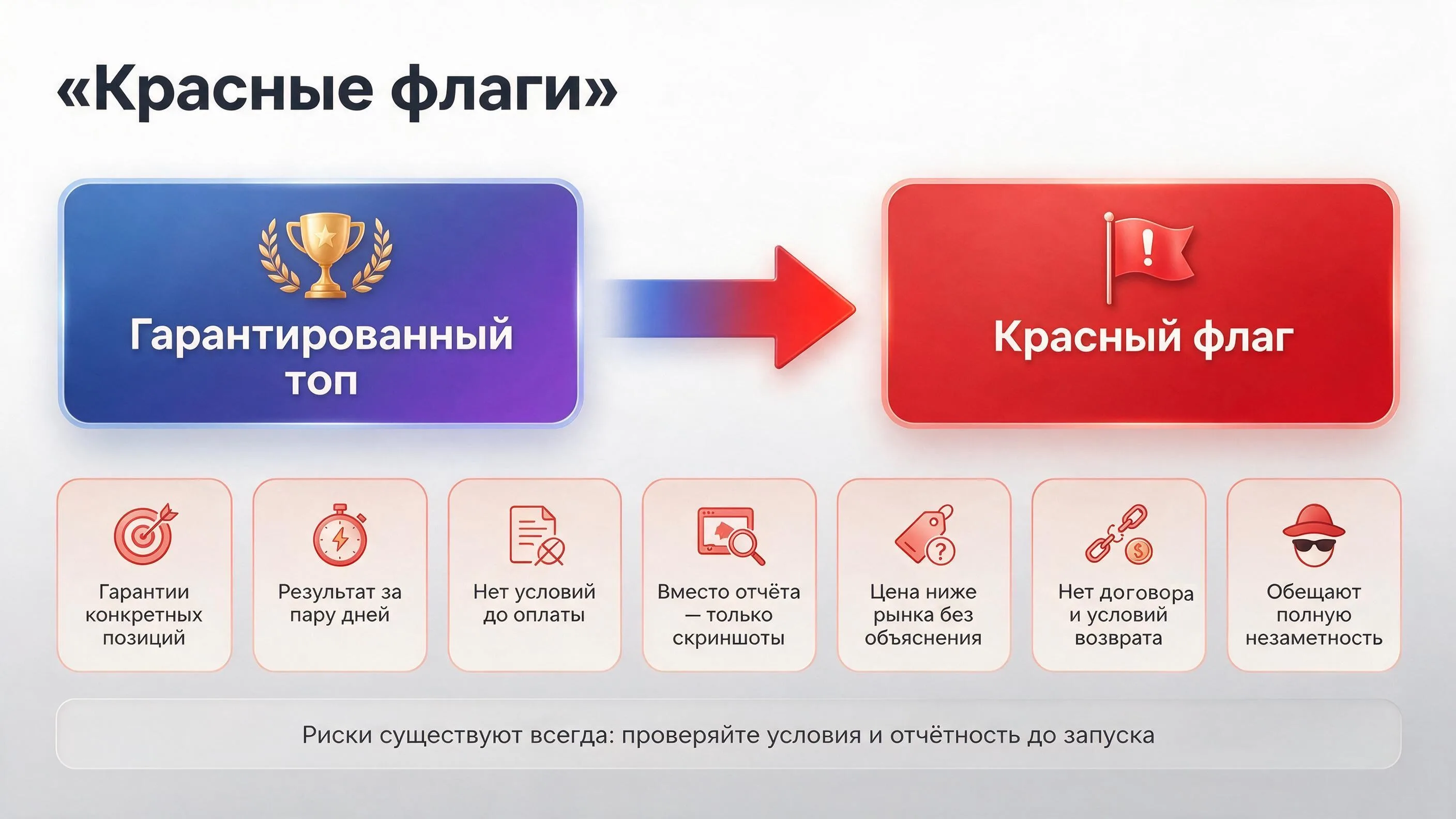 Красные флаги при выборе сервиса накрутки ПФ: гарантии топа, результат за пару дней, отсутствие договора