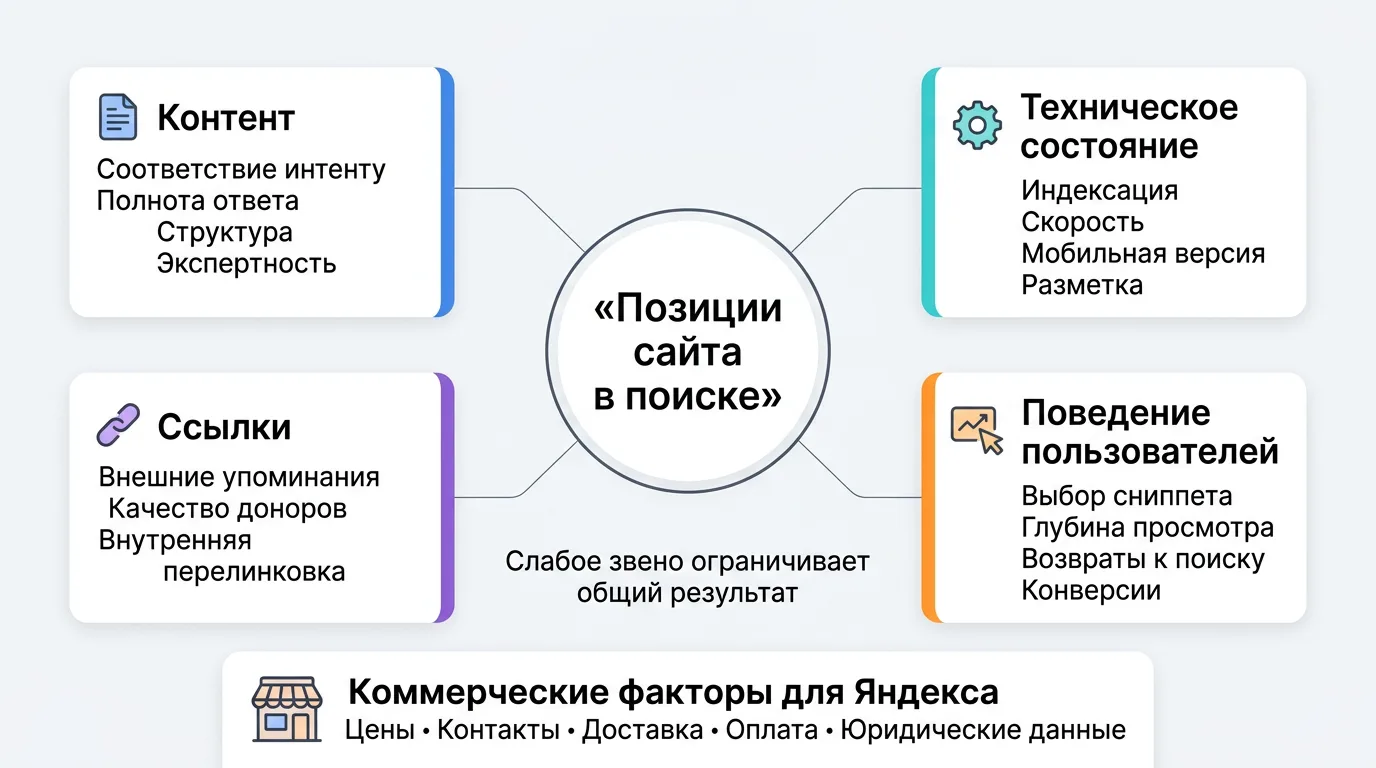 Схема четырёх групп факторов ранжирования: контент, техника, ссылки и поведение пользователей